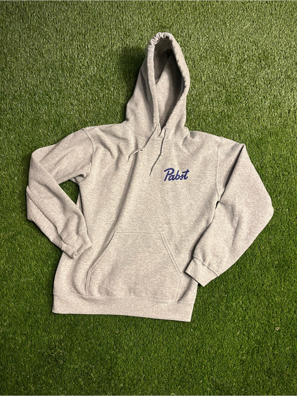 Pabst Gray Pullover Hoodie with Blue Script Logo Men’s Small